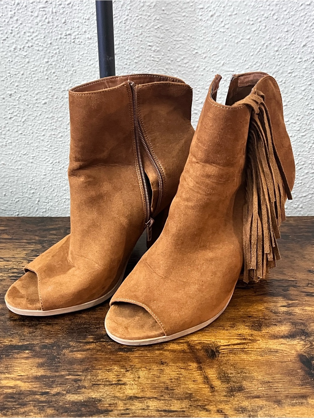 Fringe Suede Peep-Toe Ankle Boots - Brown